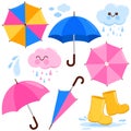 Rainy day set with umbrellas and water boots. Vector illustration collection