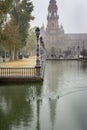 Rainy day in Spanish Square or Plaza de Espana in Sevilla, Spain