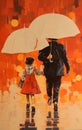 Rainy Day Stroll: A Delightful Painting Of Two People Under Umbrellas