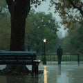 Rainy day stroll A distant figure approaching a Central Park bench Royalty Free Stock Photo