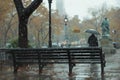 Rainy day stroll A distant figure approaching a Central Park bench Royalty Free Stock Photo