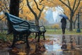 Rainy day stroll A distant figure approaching a Central Park bench Royalty Free Stock Photo