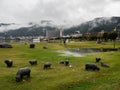 Rainy day at Suwa Lakeside Park with heavy clouds covering the mountains around Lake Suwako