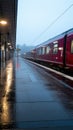 rainy day at train station with red train on platform Royalty Free Stock Photo