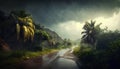 Rainy day in the tropical jungle with palm trees and road.