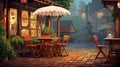 a wooden building with a terrace, garden furniture, and a wine bottle on the table Royalty Free Stock Photo