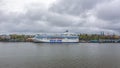 Rainy day view of South harbor embankment in Helsinki, Finland with Silja Serenade cargo-passenger cruise ferry moored at