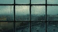 rainy day view from a window with rain drop blurred city in the background gray sky Royalty Free Stock Photo