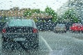 Rainy days. Driving in rain, rainy weather. Rain drops on window Royalty Free Stock Photo