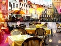 Rainy evening in city street cafe tables and chair in Tallinn old town Estonia Royalty Free Stock Photo