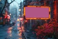 Rainy evening on neon-lit street with blank billboard and red lights.