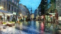 Rainy Evening In Old Town of Tallinn, Estoni travel to Europe, people walking on the street under umbrellas Royalty Free Stock Photo