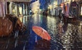 Rainy Evening In Old Town of Tallinn, Estoni travel to Europe, people walking on the street under umbrellas