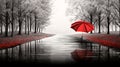 Rainy landscape in black, white and red. Winter time. AI generated