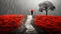 Rainy landscape in black, white and red. Winter time. AI generated
