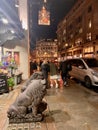 Rainy London evening outside a landmark store