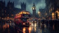 Rainy London Night Scene, classic city bus london Royalty Free Stock Photo