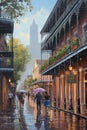 Rainy Love in French Quarter: Vibrant Acrylic Painting of Romantic Couple in Rainfall