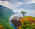 Rainy morning view of Tingvollfjorden flord, Sunndal Municipality in More og Romsdal county. Great aerial scene in Norway, Europe