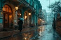 a rainy night in the city with a person standing outside