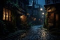 Rainy Night: Old City Houses in a Back Street Alley. AI Royalty Free Stock Photo