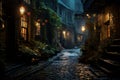 Rainy Night: Old City Houses in a Back Street Alley. AI Royalty Free Stock Photo