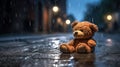 Rainy Night Reflections: A Teddy Bear\'s Serenity on Wet Asphalt