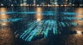 Digital Rain on City Street with Glowing Binary Code Reflections Royalty Free Stock Photo