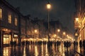 Rainy night street in a city, old architecture, houses, random people, street lighting and foggy. Generative AI