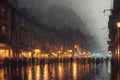 Rainy night street in a city, old architecture, houses, random people, street lighting and foggy. Generative AI