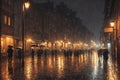 Rainy night street in a city, old architecture, houses, random people, street lighting and foggy. Generative AI