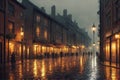 Rainy night street in a city, old architecture, houses, random people, street lighting and foggy. Generative AI