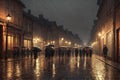 Rainy night street in a city, old architecture, houses, random people, street lighting and foggy. Generative AI