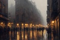 Rainy night street in a city, old architecture, houses, random people, street lighting and foggy. Generative AI