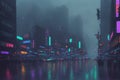 Rainy night street in futuristic city, skyscrapers, cars and random people, foggy. Generative AI