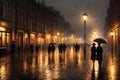 Rainy night street in an old city, architecture, houses, random people, street lighting and foggy. Generative AI