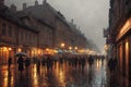 Rainy night street in the old city, houses, random people, street lighting and fog. Generative AI