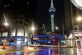 Rainy night and wet city street in darkness of morning Royalty Free Stock Photo