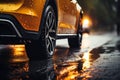 Rainy road drama Car tires navigate wet terrain, close up focus