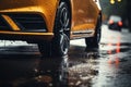 Rainy road drama Car tires navigate wet terrain, close up focus