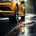 Rainy road drama Car tires navigate wet terrain, close up focus