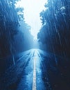 Rainy Road Through Forest At Dusk With Light Fog and Raindrops Royalty Free Stock Photo