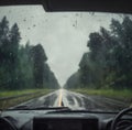 Rainy road view from car front windshield