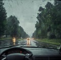 Rainy road view from car windshield Royalty Free Stock Photo