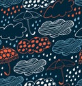Rainy seamless decorative background. Cute pattern with clouds, umbrellas and drops of rain.