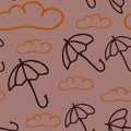 Rainy seamless decorative background. Ornate pattern with clouds, umbrellas . Cartoon stylish texture with many cute details