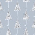 Rainy seamless pattern with dotted white umbrella ornament. Blue background