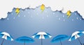 Rainy season. design with raining drops, umbrella and clouds on blue background.