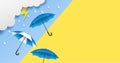 Rainy season. design with raining drops, umbrella and clouds on blue background.