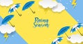 Rainy season. design with raining drops, umbrella and clouds on blue background.